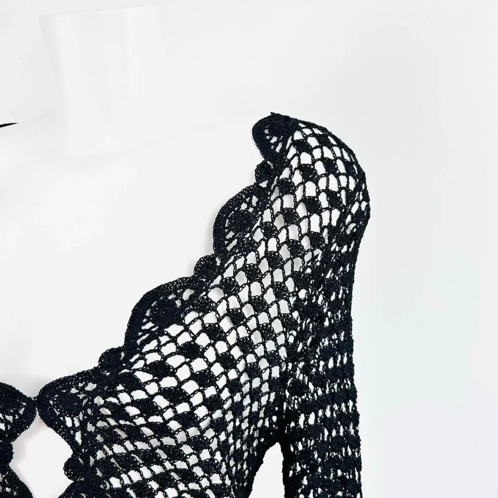 Vintage 90s Y2k Crochet Knit Shrug cropped Cardigan UK 10 12 Black Gothic Witch - Picture 7 of 8